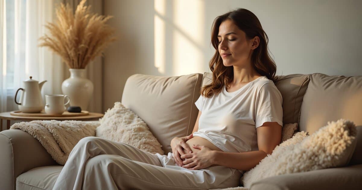 Kobieta odpoczywająca na kanapie z dłonią na podbrzuszu — endometrioza i radzenie sobie z bólem