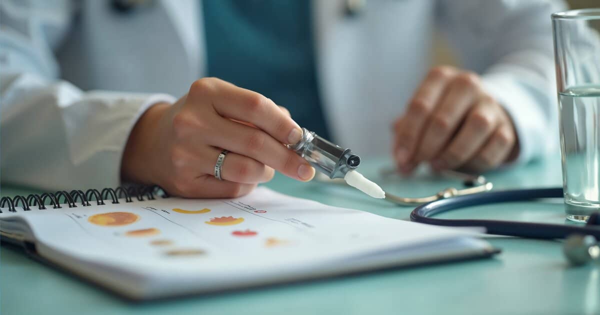Dłonie lekarza trzymające pen do iniekcji GLP-1 — leczenie semaglutydem (Ozempic, Wegovy)