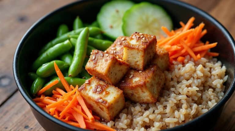 Bowl z brązowym ryżem, edamame i tofu (lunch box do pracy)