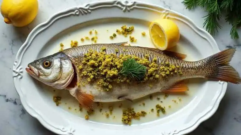 Karp pieczony z pistacjami i sosem cytrynowym