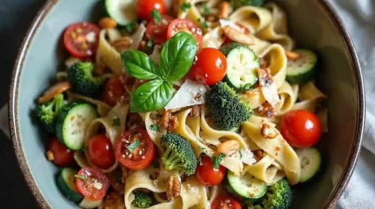 Tagliatelle z warzywami i kremem czosnkowym z toffi